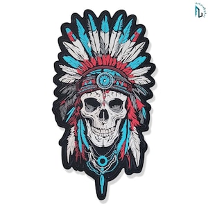 Toppa grande da applicare sul retro con ferro da stiro (33 cm) raffigurante un copricapo da capo indiano nativo americano con teschio ricamato.