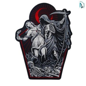 May include: A black embroidered patch featuring a skeleton figure holding a scythe, standing beside a draped figure with snakes. A red crescent moon sits above, with a skull and bones at the base, all enclosed within a coffin-shaped border.