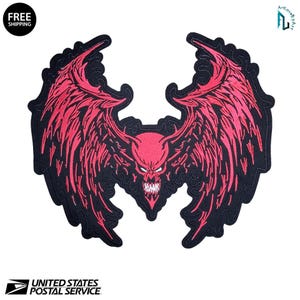 Devil Skull Wings Biker Back Patch: Red Gothic Embroidered Motorcycle Jacket Applique (12x10")