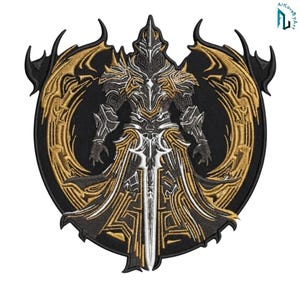 Dark Fantasy Knight  Armored Winged Embroidered Patch, Gothic Warrior, Iron On (13 Inch)