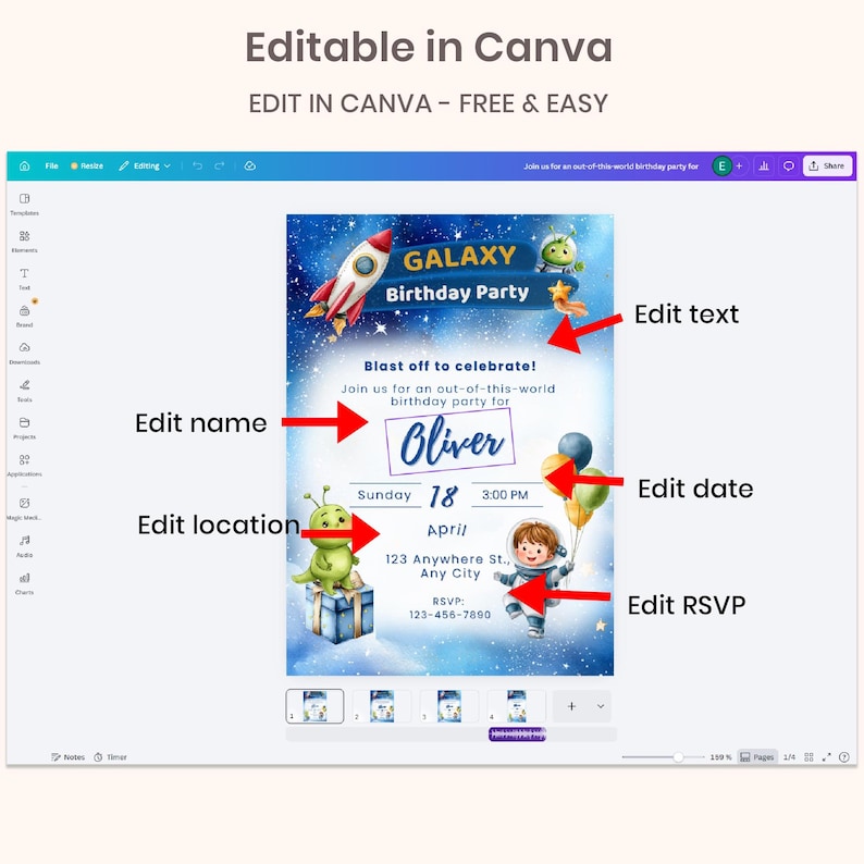 Space Birthday Invitation Editable Canva Template | Printable ...