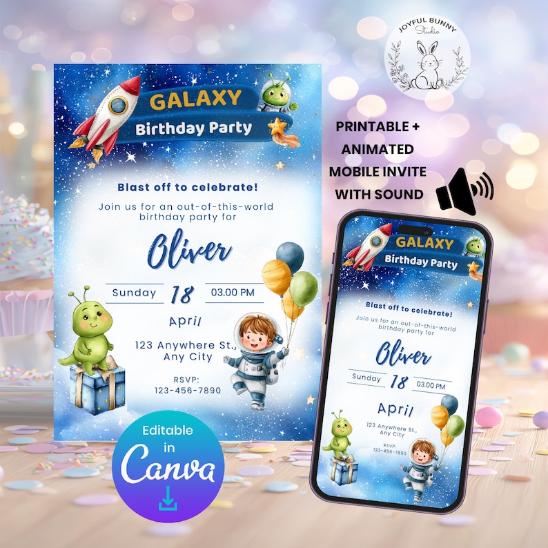 Space Birthday Invitation Editable Canva Template | Printable ...