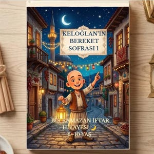 Puede incluir: Una portada de libro titulada KELOĞLAN'IN BEREKET SOFRASI 1 con un niño de dibujos animados sosteniendo una linterna en una calle empedrada de noche. El texto dice BIR RAMAZAN IFTAR HIKAYESI 6-10 YAŞ. La escena incluye una luna creciente y luces.