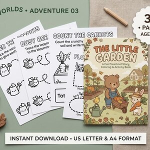 以下が含まれることがあります： 3歳から5歳向けの30ページ構成の幼児用塗り絵・アクティビティブック「The Little Garden」。ハチ、じょうろ、ニンジンが描かれた白黒のアクティビティシート数枚と、木製の鉛筆、葉の形をした小物が添えられています。