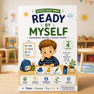 Könnte beinhalten: Ein Buch mit dem Titel School-Ready Minds Ready By Myself Independence, Routines & Everyday Thinking für 4-Jährige. Das Cover zeigt ein gezeichnetes Kind an einem Tisch mit einem Rucksack, Stiften, Kleidung und einer Pflanze sowie Icons.
