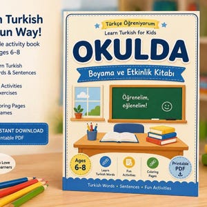 Lär dig turkiska för barn utskrivbar PDF | Tvåspråkig målarbok och aktivitetsbok | Åldrar 6-8 | Roliga arbetsblad för hemklassrummet