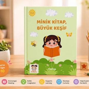 May include: A children's book with a light green cover featuring a cartoon girl reading a book, a sun, clouds, a bee, and a butterfly. The book's title is in Turkish. The book is for ages 6-10.