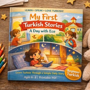 May include: A children's book titled "My First Turkish Stories: A Day with Ece" with illustrations of a young girl. The cover features the text "Learn Turkish Through a Simple Daily Story" and "Ages 6-8 | Printable PDF".