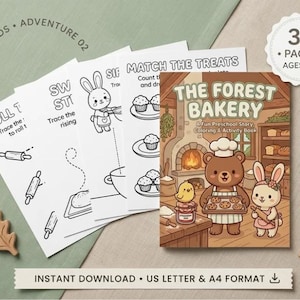 以下が含まれることがあります： 「The Forest Bakery」というタイトルの塗り絵とアクティビティブック。キッチンにいる茶色のクマとウサギが描かれています。セットには、なぞり書きやマッチング課題のある白黒のアクティビティページ、3本のクレヨン、2つの木の葉の形の切り抜きが含まれています。