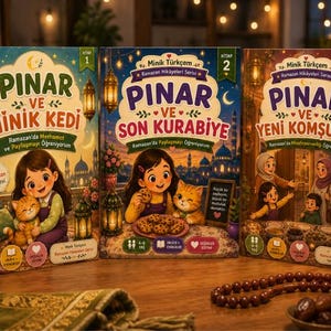 Pode incluir: Três livros infantis ilustrados intitulados Pinar ve Minik Kedi, Pinar ve Son Kurabiye e Pinar ve Yeni Komşular. Cada capa apresenta uma menina, um gato e lanternas festivas, com texto colorido e pequenos ícones de idades.