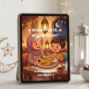 Puede incluir: Una tableta digital que muestra la portada de un libro titulada A WARM PLATE, A WARM HEART, A RAMADAN STORY FOR AGES 4-6. La ilustración muestra a una persona con hiyab y un niño sentados a la mesa con un plato de comida, linternas y una luna.