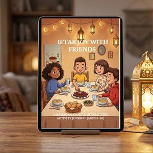 May include: A tablet displaying a book cover titled IFTAR JOY WITH FRIENDS, A RAMADAN STORY & INTERACTIVE ACTIVITY JOURNAL (AGES 6-10). The illustration shows four children sitting at a table with bowls of food, dates, and bread, under hanging lanterns.