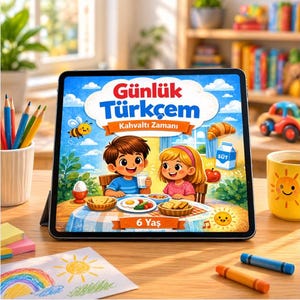 May include: A tablet screen shows a vibrant illustration of a breakfast scene with two children, the text "Günlük Türkçem Kahvaltı Zamanı" and "6 Yaş". The image features food, a bee, and a milk carton.