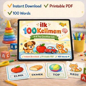 May include: A digital educational resource for children, featuring a tablet displaying the title "ilk 100 Kelimem" with illustrations of a dog, apple, car, and cat. Flashcards with words like "ELMA" and "EKMEK" are also visible.