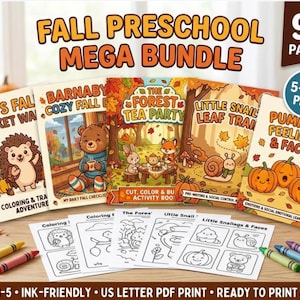 May include: A Fall Preschool Mega Bundle featuring 90 pages of printable activity books. The set includes five illustrated covers titled Pip's Fall Pocket Walk, Barnaby's Cozy Fall Day, The Forest Tea Party, Little Snail Leaf Trail, and Pumpkin Feelings & Faces.