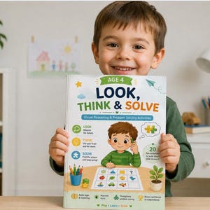 Puede incluir: Un libro de actividades de tapa blanda titulado Look, Think & Solve para niños de 4 años, que presenta un niño de dibujos animados en la portada, actividades de razonamiento visual, iconos coloridos y un rompecabezas.