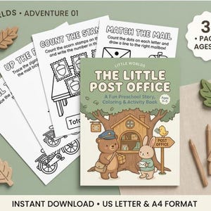 Könnte beinhalten: Ein druckbares Aktivitätsbuch mit dem Titel The Little Post Office, das einen Bären und einen Hasen vor einem Baum-Postamt zeigt. Enthält 30 Seiten für 3- bis 5-Jährige mit Ausmal- und Nachspurübungen wie Count the Stamps und Match the Mail. Text umfasst Little Worlds Adventure 01 und Instant Download US Letter & A4 Format.