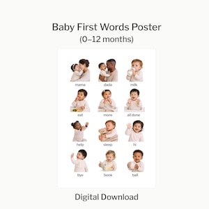 Puede incluir: Un póster titulado "Baby First Words" con imágenes de bebés y palabras como "mamá", "papá" y "leche". El póster está diseñado para bebés de 0 a 12 meses e incluye el texto "Descarga digital".