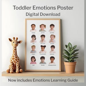 May include: A framed "Toddler Emotions Poster" digital download with images of children expressing emotions like happy, sad, and angry. A plush giraffe and potted plant sit on a wooden shelf. The poster includes an emotions learning guide.