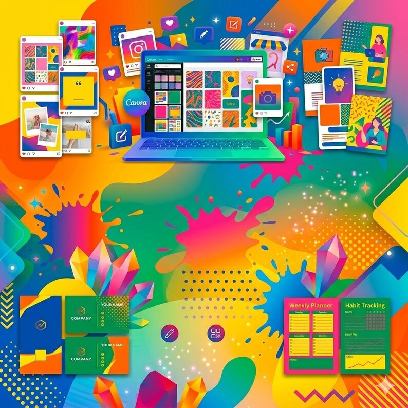 Op de afbeelding: Een levendige, kleurrijke afbeelding met een laptop waarop de Canva-interface wordt weergegeven, omringd door social media-mockups, visitekaartjes en planningstools. Het ontwerp bevat kleurspatten, geometrische vormen en het Canva-logo.