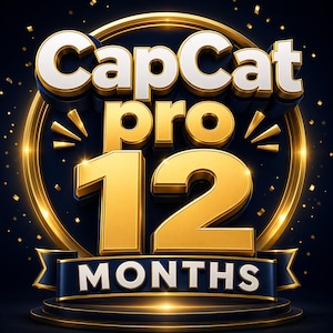 Puede incluir: Gráfico digital con las palabras "CapCut pro 12 MONTHS" en letras doradas y blancas. El diseño presenta un fondo azul oscuro con detalles dorados, una cinta y un marco circular.