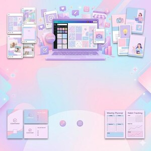 Op de afbeelding: Een digitale compositie in pastelkleuren met een laptop met het Canva-logo, social media-pictogrammen en mockups van Instagram-berichten. Visitekaartjes en een weekplanner zijn ook zichtbaar, allemaal in een zacht, vrouwelijk kleurenpalet.