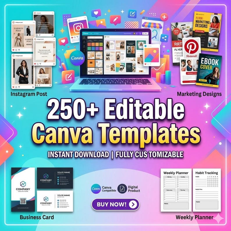 Op de afbeelding: Een promotieafbeelding met meer dan 250 bewerkbare Canva-sjablonen. Het ontwerp omvat een laptop, Instagram-berichten, marketingontwerpen, visitekaartjes en weekplanners. De tekst luidt "250+ Bewerkbare Canva Templates" met "Direct downloaden | Volledig aanpasbaar".