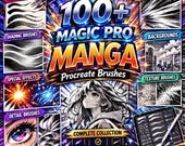 100+ Magic Pro Manga Procreate Brushes Pack – Inking, Screentone, Speed Lines, Shading, Texture, Background & Effects Brushes Bundle