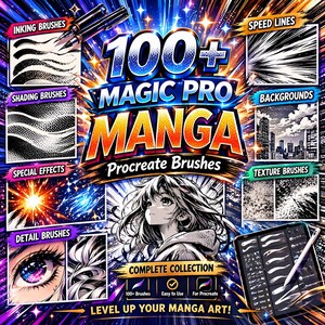 May include: A vibrant digital art advertisement for Procreate Manga brushes. The image features the text "100+ Magic Pro Manga Procreate Brushes" with examples of inking, shading, and special effects. A digital tablet and stylus are also shown, along with a manga-style illustration.