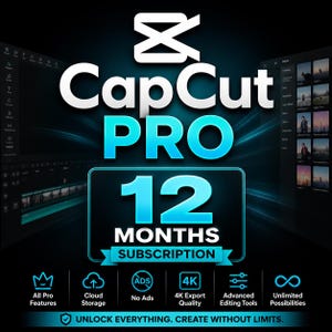 May include: A promotional image for CapCut PRO, featuring the logo and text. The image highlights a 12-month subscription with features like cloud storage, no ads, 4K export quality, and advanced editing tools. The tagline reads: "UNLOCK EVERYTHING. CREATE WITHOUT LIMITS."