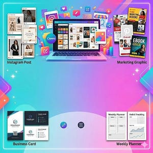 Op de afbeelding: Een laptop met de Canva-interface is omringd door marketingafbeeldingen, Instagram-berichten, visitekaartontwerpen en weekplanners. De afbeeldingen zijn in verschillende kleuren, met tekstlabels zoals "Instagram Post" en "Marketing Graphic."