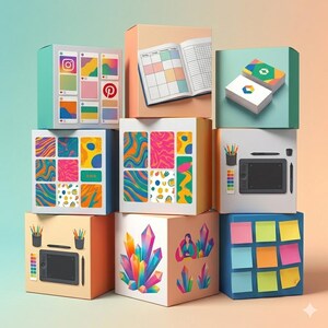 Op de afbeelding: Een stapel kleurrijke dozen, elk met unieke ontwerpen. Sommige dozen tonen social media-mockups, abstracte patronen en kristallen. Andere tonen een planner, visitekaartjes, een tekentablet en plaknotities. De dozen zijn geplaatst tegen een gradi&euml;nt achtergrond.
