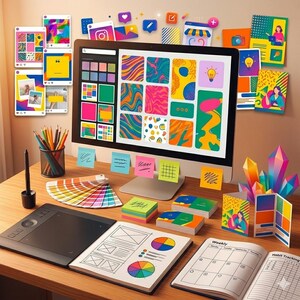 Op de afbeelding: Een creatieve werkplek met een computer die kleurrijke designpatronen weergeeft. Een grafisch tablet, kleurstalen en een notitieboek liggen op het bureau. Post-its, potloden en design-mockups suggereren grafisch ontwerp en digitale kunst.