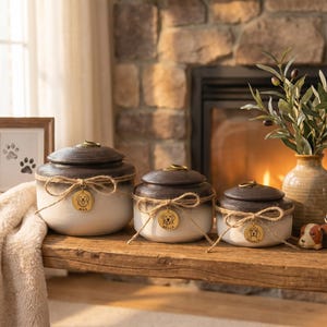 May include: Three ceramic pet urns with dark brown lids and cream-colored bodies, tied with twine and adorned with gold-colored dog tag pendants. A framed paw print picture and decorative dog figurines are also present.