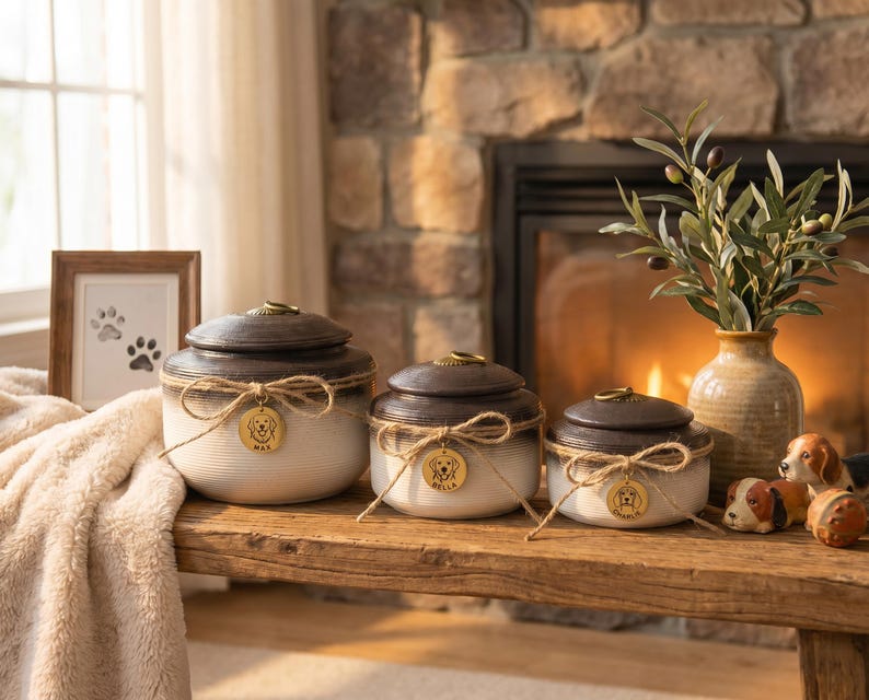 May include: Three ceramic pet urns with dark brown lids and cream-colored bodies, tied with twine and adorned with gold-colored dog tag pendants. A framed paw print picture and decorative dog figurines are also present.