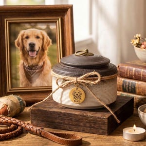 May include: A ceramic pet urn with a dark brown lid and a cream-colored base, tied with twine and a tag that says "MAX". A framed photo of a golden retriever is in the background, along with a leather leash and a dog toy.
