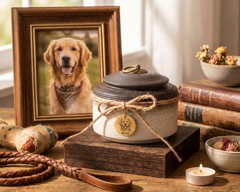 May include: A ceramic pet urn with a dark brown lid and a cream-colored base, tied with twine and a tag that says "MAX". A framed photo of a golden retriever is in the background, along with a leather leash and a dog toy.