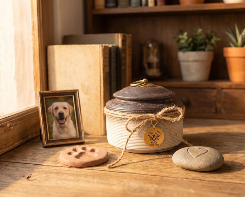 May include: A ceramic pet urn with a dark brown lid and a cream-colored base, adorned with a gold tag and a twine bow. A framed photo of a dog, a paw print, and a stone with a heart are also present. The items are on a wooden surface.