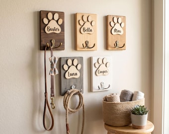Personalisierter Haustier-Wandhaken, Holzschild für Hundepfote, Leine und Schlüsselhalter, Handgemachtes Haustierdekor, Neuer Hundewillkommensgeschenk