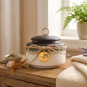 May include: A ceramic pet treat jar with a black lid and a gold-colored handle. The jar is cream-colored with a brown and white gradient. A gold tag with a cat illustration and the words "Luna Forever Loved" is tied around the jar.