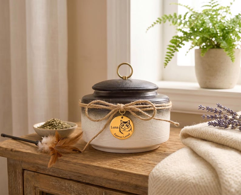May include: A ceramic pet treat jar with a black lid and a gold-colored handle. The jar is cream-colored with a brown and white gradient. A gold tag with a cat illustration and the words "Luna Forever Loved" is tied around the jar.