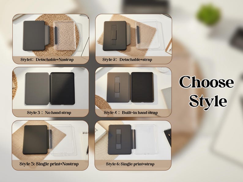 May include: An image showcasing six different styles of tablet cases. Each style is displayed with a tablet and a corresponding case. The text "Choose Style" is also visible. The styles include options with and without straps.