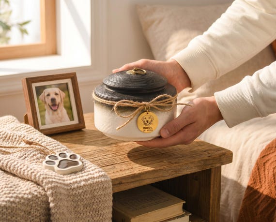 Elegant Ceramic Pet Urn, Personalized Dog Memorial Jar, Custom Cat Ashes Urn, Pet Loss Keepsake with Gold Tag, Grieving Pet Owner Gift