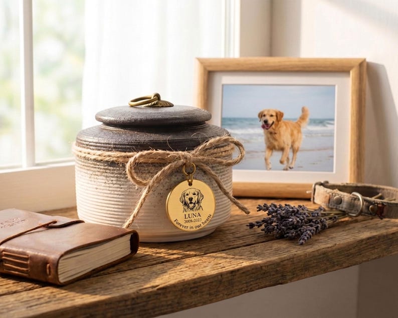 May include: A ceramic pet urn with a dark brown lid and a cream-colored body, adorned with a jute bow and a gold tag featuring a dog illustration and the name "Luna". A framed photo of a dog is visible.