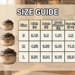 May include: Image shows a size guide for decorative jars. The jars are cream-colored with brown lids and tied with twine. The size guide table lists width, height, mouth diameter, and capacity in inches and fluid ounces for sizes S, M, and L.