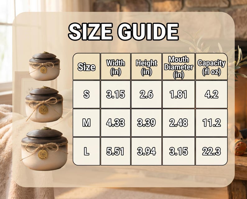May include: Image shows a size guide for decorative jars. The jars are cream-colored with brown lids and tied with twine. The size guide table lists width, height, mouth diameter, and capacity in inches and fluid ounces for sizes S, M, and L.