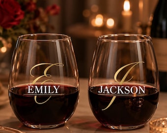 Custom Stemless Wine Glass, Personalized Monogram Wine Cup, Engraved Couple Gift, Wedding Toasting Glasses, Anniversary Keepsake
