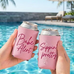 Summer Beach Can Cooler, Pink Aesthetic Drink Sleeve, Girls Trip Beach Favors, Pool Party Decor, Tropical Vacation Gift, Can Insulator