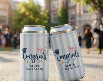 Custom Class of 2026 Graduation Can Cooler, Personalized Congrats Senior Party Favor, Coquette Bow Graduation Gift, Blue Striped Hugger