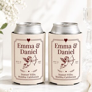 Custom Wedding Can Cooler, Vintage Cupid Drink Sleeve, Personalized Reception Favor, Cherub Wedding Beer Hugger, Romantic Engagement Gift